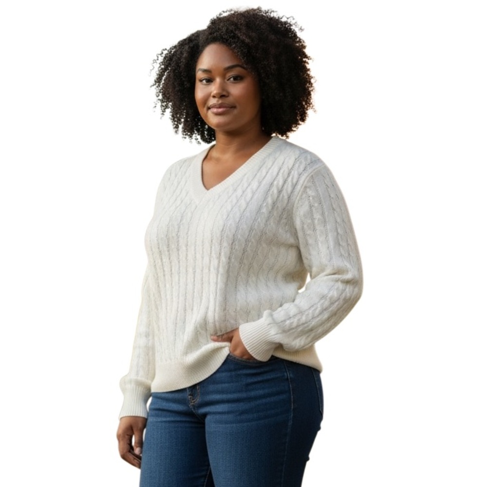 Vintage Lands' End white Cable-Knit V-Neck Sweater Size L